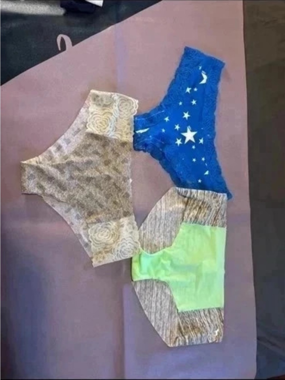 PINK Victoria's Secret Trio Lace and Cotton Hipster Panties - Blue, Gray, Green